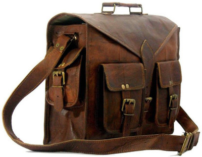 

iHandikart Handmade Leather Bag Briefcase 15" x 11" x 4" Medium Briefcase - For Men & Women(Brown)