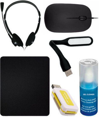 

FineArts 6in1 Combo of Headphone With Mic, Wired USB Optical Mouse, Usb Led Light, Mouse Pad, Smart All In One Multi Card Reader with Multipurpose Gel Cleaner for computers Combo Set