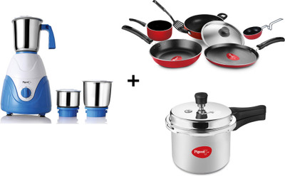 

Pigeon COMBO PRESSURE COOKER,GRAND COOKWARE SET,AMAZE MIXER GRINDER Cookware Set(Aluminium, PTFE (Non-stick), Plastic, 8 - Piece), Blue;red;silver