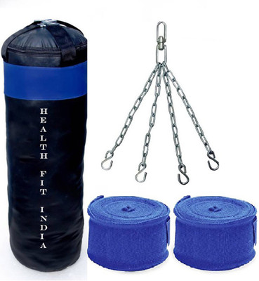 

HEALTH FIT INDIA 3.0 Feet Long, P.U Material, BLACK and BLUE Color, Unfilled with Chain & Hand Wrap Boxing Kit