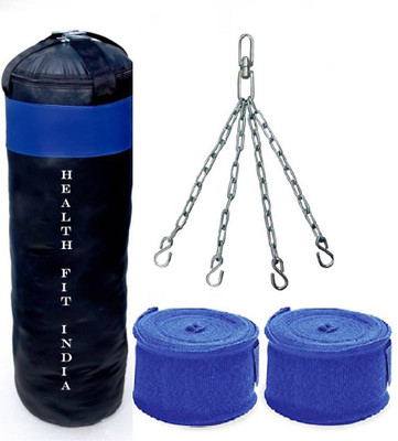 

HEALTH FIT INDIA 2.0 Feet Long, P.U Material, BLACK and BLUE Color, Unfilled with Chain & Hand Wrap Boxing Kit