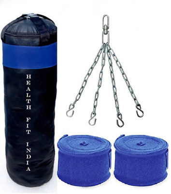 

HEALTH FIT INDIA 8.0 Feet Long, P.U Material, BLACK and BLUE Color, Unfilled with Chain & Hand Wrap Boxing Kit