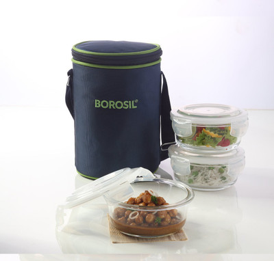 

Borosil Klip N Store Round 400ml 3 Containers Lunch Box(1200 ml), Transparent