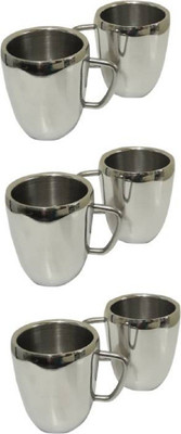 

Homescapes Double Wall Stainless Steel Mug(250 ml, Pack of 6), Silver