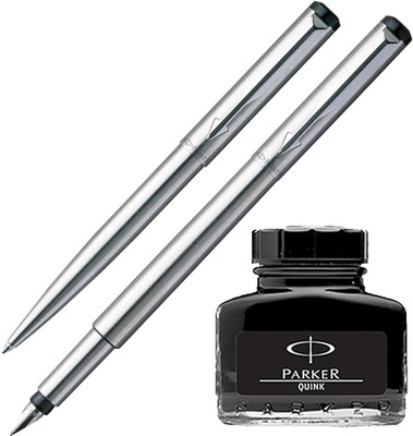 

Parker Vector Stainless Steel CT Fountain Pen Ball Pen with Black Quink Ink Bottle(Pack of 2)