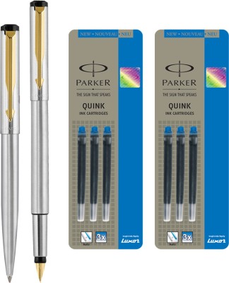 PARKER Vector Stainless Steel GT Fountain Pen with Ball Pen with 6 Blue Quink Ink Cartridge(Pack of 3, Blue)
