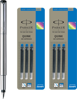 

Parker Vector Stainless Steel CT Fountain Pen with 6 Blue Quink Ink Cartridge(Pack of 3)