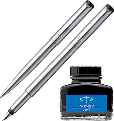 Parker Vector Stainless Steel CT Fountain Pen Ball Pen with Blue Quink Ink Bottle(Pack of 2)
