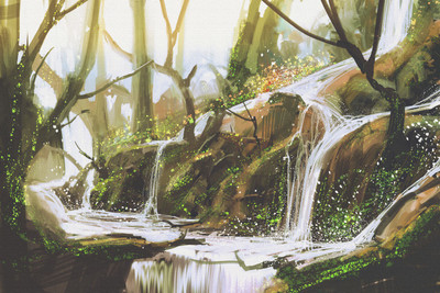 

waterfall in forest illustration canvas art Canvas Art(16 inch X 24 inch, Rolled)