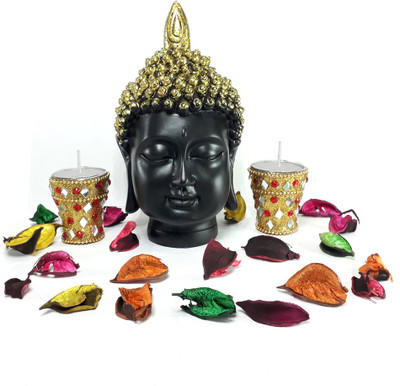 

LOF Buddha Head Figurine Golden Buddha With Long Designer T-Light Candle Scented Poutporri Decorative Showpiece - 28 cm(Porcelain, Multicolor)