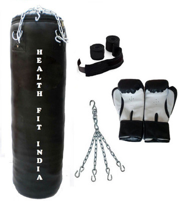 

HEALTH FIT INDIA 7.5 Feet Long, P.U Material, BLACK Color, Unfilled with Hanging Chain with 9 Feet Long Black Color Hand Wraps Pair & Boxing Gloves Pair Boxing Kit