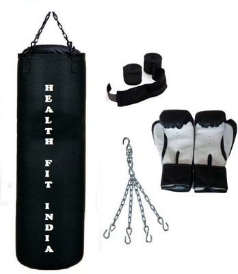 

HEALTH FIT INDIA 7.5 Feet Long, CANVAS Material, BLACK Color, Unfilled with Hanging Chain with 9 Feet Long Black Color Hand Wraps Pair & Boxing Gloves Pair Boxing Kit