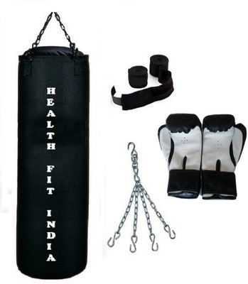 

HEALTH FIT INDIA 6.5 Feet Long, CANVAS Material, BLACK Color, Unfilled with Hanging Chain with 9 Feet Long Black Color Hand Wraps Pair & Boxing Gloves Pair Boxing Kit