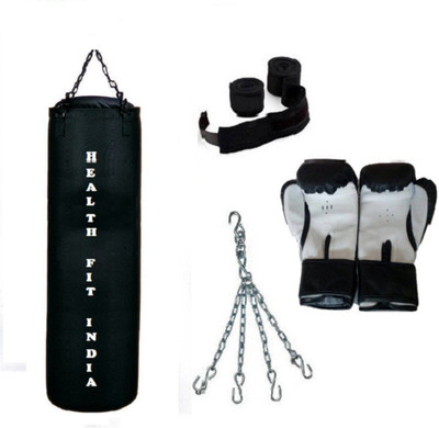 

HEALTH FIT INDIA 4.5 Feet Long, CANVAS Material, BLACK Color, Unfilled with Hanging Chain with 9 Feet Long Black Color Hand Wraps Pair & Boxing Gloves Pair Boxing Kit