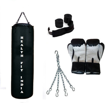 

HEALTH FIT INDIA 2.0 Feet Long, CANVAS Material, BLACK Color, Unfilled with Hanging Chain with 9 Feet Long Black Color Hand Wraps Pair & Boxing Gloves Pair Boxing Kit