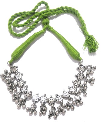 athizay Oxidised black Silver Necklace Heavy Metal Gunghroo beads Embellishments With An Inch thick Green Color Adjustable Sliding Cotton Dori Knot.Thread Jewellery. Black Silver Plated Alloy Necklace