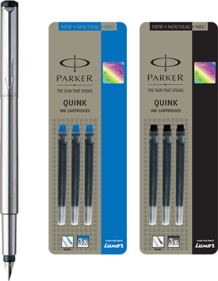 

Parker Vector Stainless Steel CT Fountain Pen with 3 Blue and 3 Black Quink Ink Cartridge(Pack of 3)