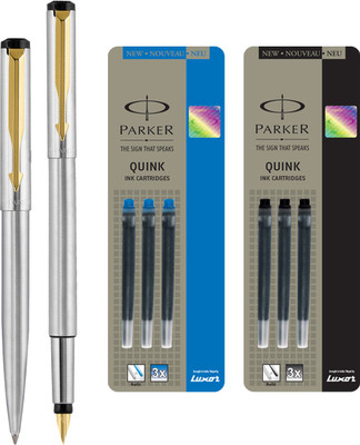 

Parker Vector Stainless Steel GT Fountain Pen with Ball Pen with 3 Blue and 3 Black Quink Ink Cartridge(Pack of 4)