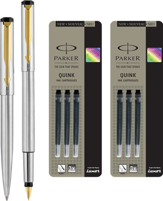 

Parker Vector Stainless Steel GT Fountain Pen with Ball Pen with 6 Black Quink Ink Cartridge(Pack of 4)