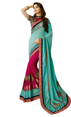 

Kvsfab Embroidered Fashion Georgette, Jacquard Saree(Blue, Pink)