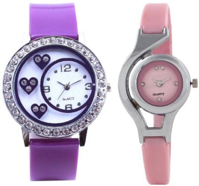 ReniSales DIWALI SPECIAL ROUND PURPLE PINK HEART SHAP DIAMOND STUDDED FASTEST SELLING COMBO WATCH Watch  - For Women   Watches  (ReniSales)