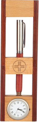 

JL Collections 1 Compartments Wooden Table Top Pen Stand with Clock(Camel & Brown)