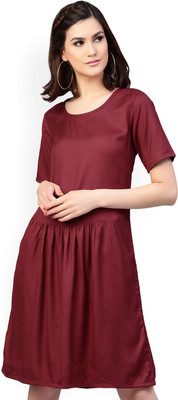 Aks Women Fit and Flare Maroon Dress