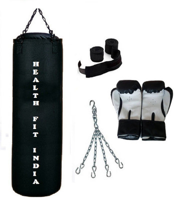 

HEALTH FIT INDIA 7.0 Feet Long, CANVAS Material, BLACK Color, Unfilled with Hanging Chain with 9 Feet Long Black Color Hand Wraps Pair & Boxing Gloves Pair Boxing Kit