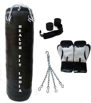 

HEALTH FIT INDIA 6.5 Feet Long, P.U Material, BLACK Color, Unfilled with Hanging Chain with 9 Feet Long Black Color Hand Wraps Pair & Boxing Gloves Pair Boxing Kit