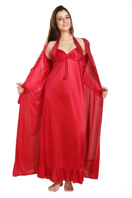 Romaisa Women Nighty with Robe(Red)