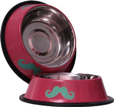 

Pawsitively Pet Care High Quality Pink moustaches Print Dog Bowl - 500 ml Round Steel Pet Bowl(500 ml Pink)