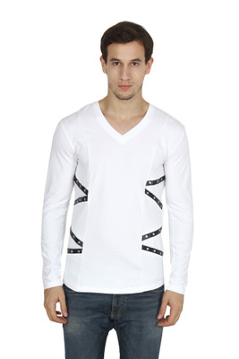 Varo Solid Men V-neck White, Black T-Shirt
