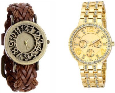 DECLASSE Classic Vintage Leather & GOLDEN PLATINUM DIAMOND STUDDED PARTY WEAR SET OF TWO Watch  - For Women   Watches  (Declasse)
