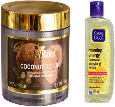 Pink Root COCONUT SCRUB WITH CLEAN N CLEAR LEMON FACE WASH(Set of 2)