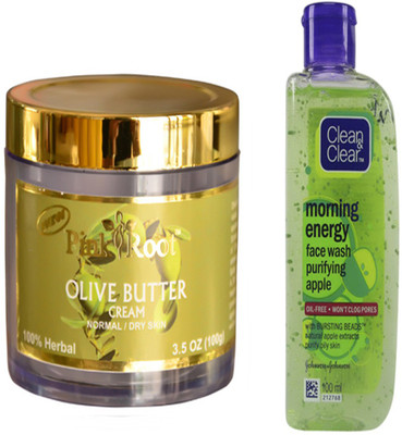 

Pink Root OLIVE BUTTER CREAM WITH CLEAN N CLEAR APPLE FACE WASH(Set of 2)