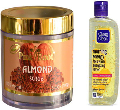 Pink Root ALMOND SCRUB WITH CLEAN N CLEAR LEMON FACE WASH(Set of 2)