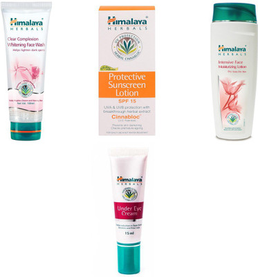 

Himalaya Clear Complexion Whitening Face Wash, Protective Sunscreen Lotion, Intensive Face Moisturizing Lotion, Under Eye Cream(Set of 4)