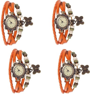 COSMIC SET OF 4 Round Dial ORANGE Strap Butterfly PENDENT PARTY WEAR LADIES BRACELET Watch  - For Women   Watches  (COSMIC)