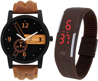 Jack Klein Black Round Dial pu Quartz Analog Wrist Watch and Brown Digital Led Watch  - For Men   Watches  (Jack Klein)
