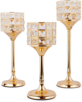 

Jewel Fuel Pillar Candle Stand Showpiece Set of 3 (11 Inch, 13 Inch, 15 Inch) Crystal Tealight Holder Set(Gold, Pack of 3)