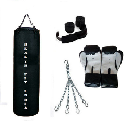 

HEALTH FIT INDIA 5.0 Feet Long, CANVAS Material, BLACK Color, Unfilled with Hanging Chain with 9 Feet Long Black Color Hand Wraps Pair & Boxing Gloves Pair Boxing Kit