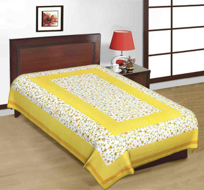 E ELMA Cotton Single Flat 240 TC Floral Bedsheet(Pack of 1, Yellow)