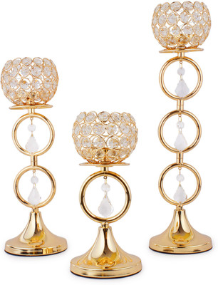 

Jewel Fuel Pillar Candle Stand Showpiece Set of 3 (10 Inch, 13.5 Inch, 17 Inch) Crystal Tealight Holder Set(Gold, Pack of 3)