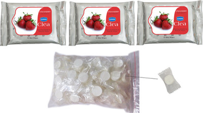 

Ginni Clea Makeup Remover & Cleansing Wipes-Strawberry (Set of 3)(Pack of 10) with Magic/Compressed Tissues (50 pcs candy pack)(Pack of 4)