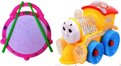 

FEMININE STYLE combo of flash drum & musical mini train (Multi color)(Multicolor)