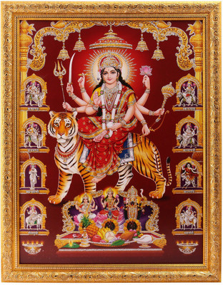 

Silver Zari Work Photo Of Nav Durga In Golden Frame Big Paper Print(18 inch X 14 inch, Framed)