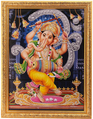 

Silver Zari Work Photo Of Dancing Ganesha In Golden Frame Big Paper Print(18 inch X 14 inch, Framed)