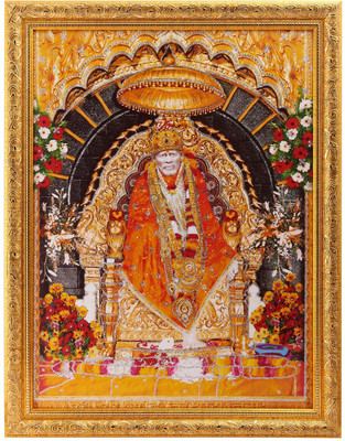 

Silver Zari Work Photo Of Shirdi Sai Baba In Golden Frame Big Paper Print(18 inch X 14 inch, Framed)