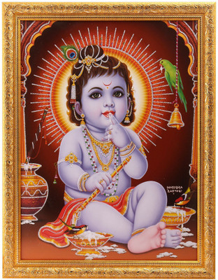 

Silver Zari Work Photo Of Bal Krishna In Golden Frame Big Paper Print(18 inch X 14 inch, Framed)