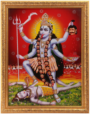 

Silver Zari Work Photo Of Maa Kali In Golden Frame Big Paper Print(18 inch X 14 inch, Framed)